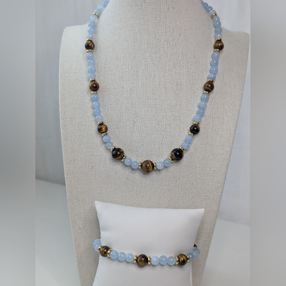 Aquamarine & Tiger's Eye With Gold Accents - Necklace & Bracelet Set D073 - Picture 2 of 9